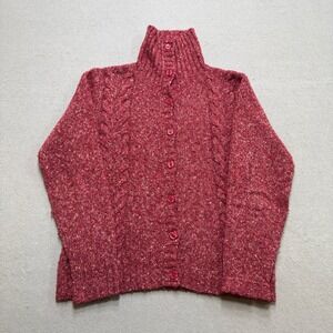 LL Bean Cardigan Sweater Women's Medium Red Chunky Cable Knit Mockneck Fisherman